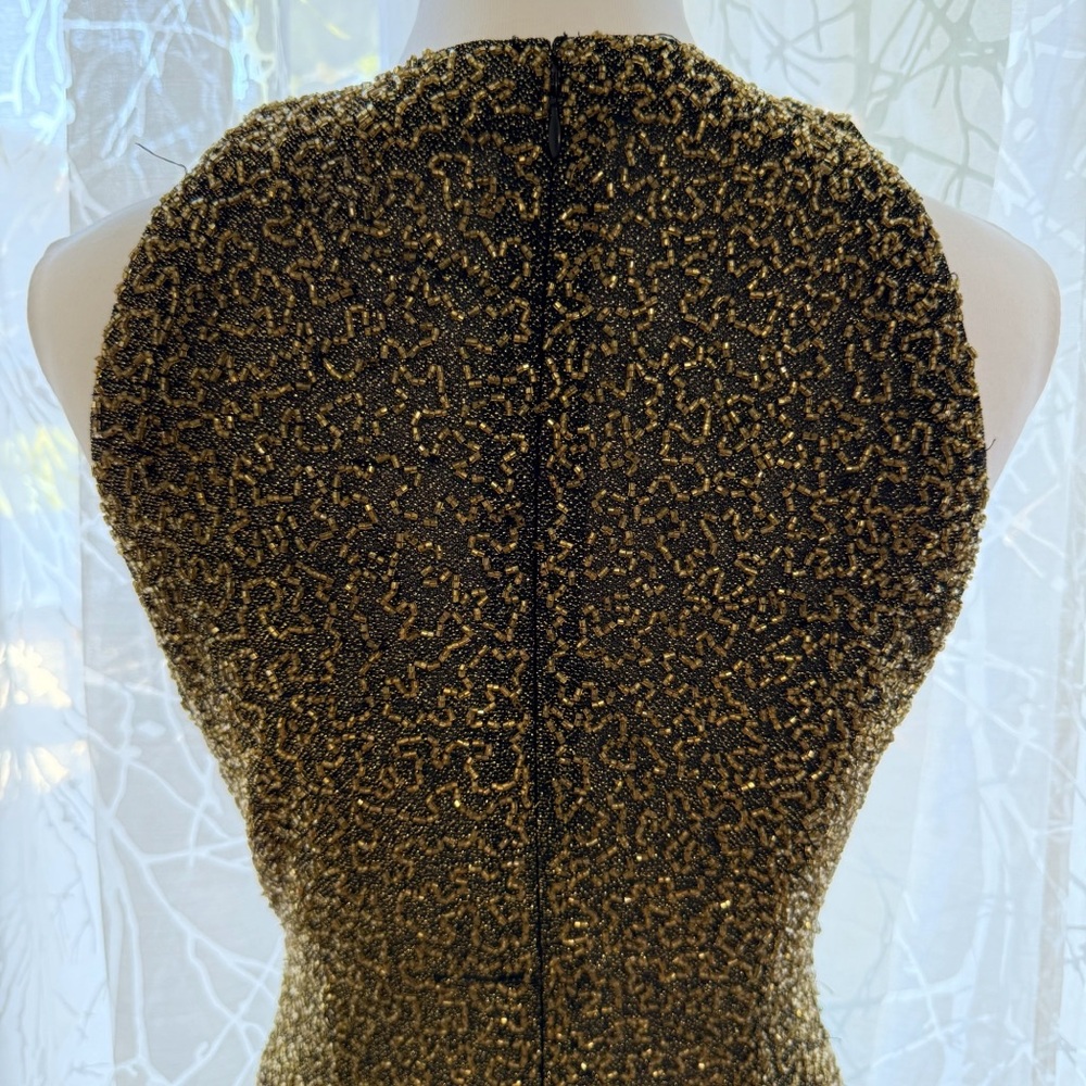VINTAGE BLACK TIE OLEG CASSINI GOLD BEADED SLEEVELESS MIDI GOWN - Picture 8 of 16